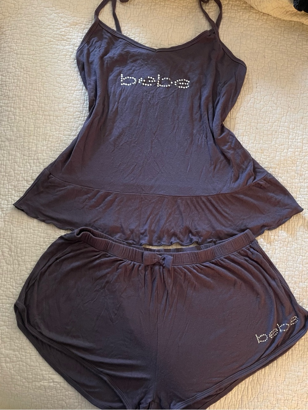 bebe Dark Gray Rhinestone Logo Cami & Shorts Sleep Set